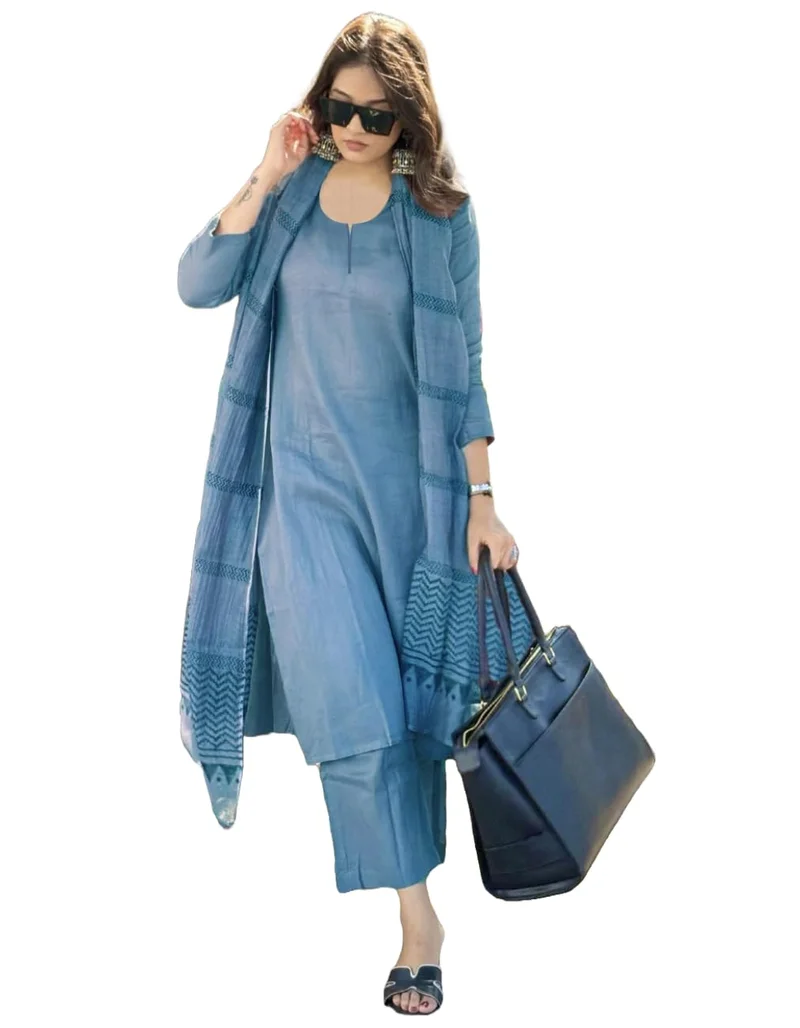 GoSriKi Women's Rayon Blend Straight Solid Kurta with Pant & Dupatta (Raja Saab Light Blue-VKS01-GS_L_Light Blue_Large)